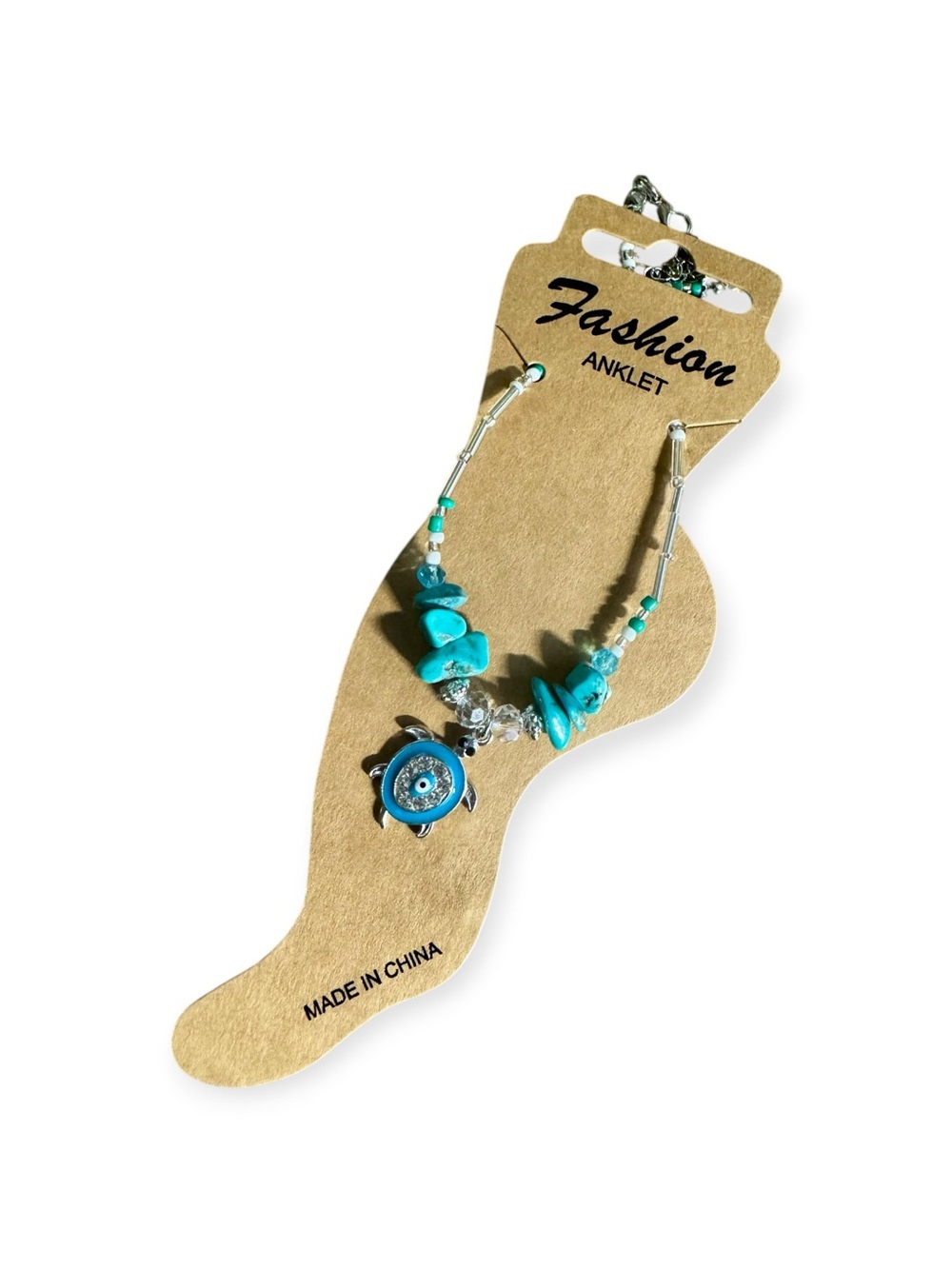 Turquoise Beaded Turtle Charm Anklet -
